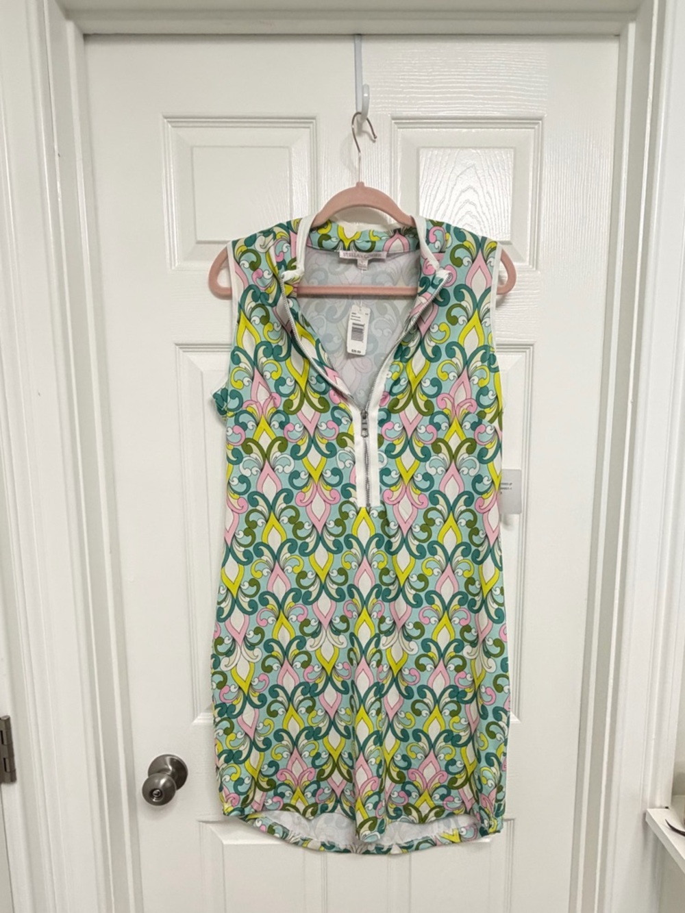 Sleeveless front zip dress in Teal, Pink & Yellow Pattern NWT